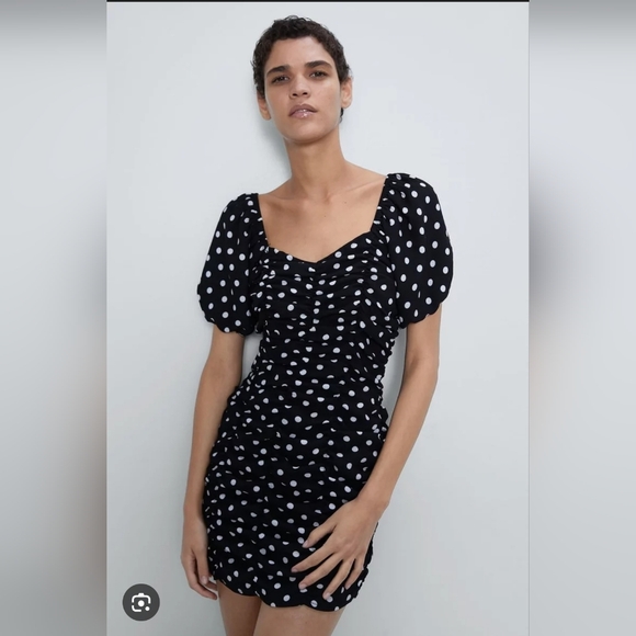 Zara Black & White Polka Dot Ruched Mini Dress with Puff Sleeves - Picture 5 of 14